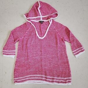 Tommy Bahama Pink & White Knit Linen Blend Hooded V-neck Sweater Women's Size XL
